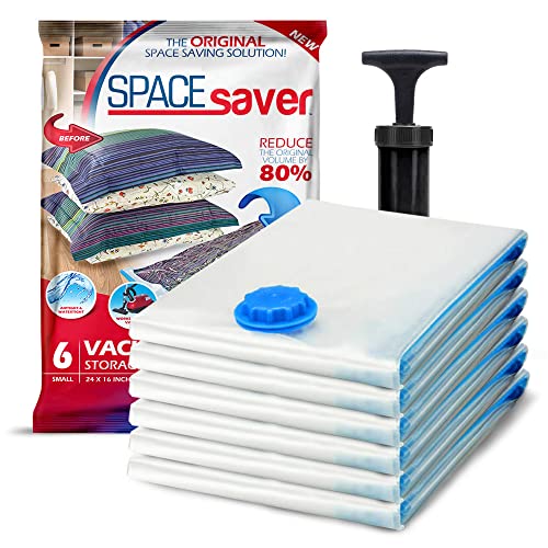 SPACESAVER Bolsas de Almacenamiento al vacío Reutilizables Premium. Válvula de Doble Cierre y Cierre de Cremallera, Bomba de Mano de Viaje incluida (Small 6 Pack)