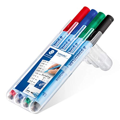 Staedtler Lumocolor 305F WP4-1. Rotulador borrable de punta fina. Estuche con 4 marcadores de colores variados.