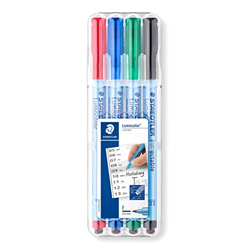 Staedtler Lumocolor 305F WP4-1. Rotulador borrable de punta fina. Estuche con 4 marcadores de colores variados.