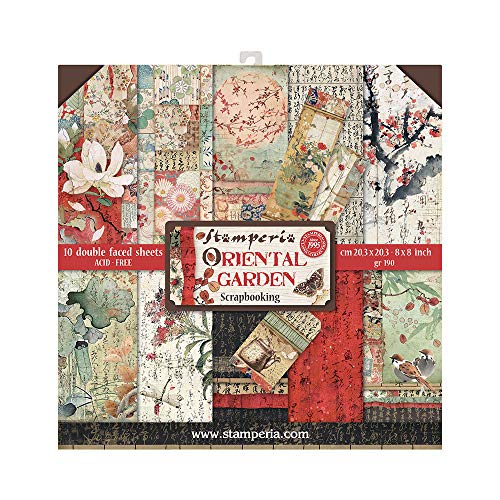 STAMPERIA Oriental Garden-Bloc de Papel (10 Hojas, 20,3 x 20,3 x 8 Pulgadas, Doble Cara), Multicolor, talla única