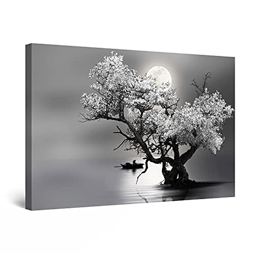 Startonight Cuadro Moderno en Lienzo - Árbol Flores y Luna en Blanco y Negro - Pintura Naturaleza para Salon Decoración Grande 80 x 120 cm