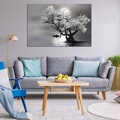 Startonight Cuadro Moderno en Lienzo - Árbol Flores y Luna en Blanco y Negro - Pintura Naturaleza para Salon Decoración Grande 80 x 120 cm