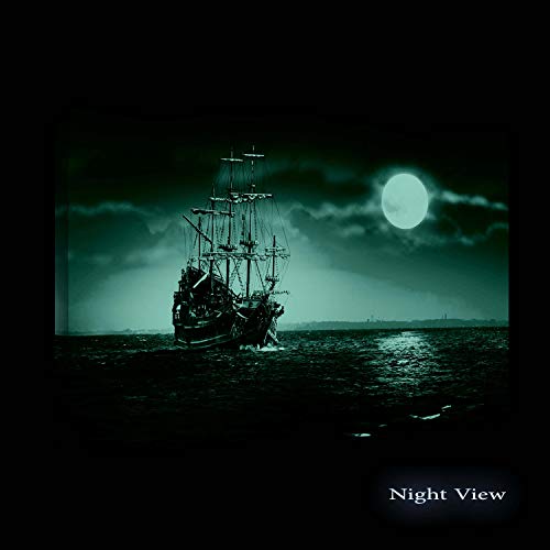 Startonight Cuadro Moderno en Lienzo - Océano Blanco y Negro, Barco y la Luna - Pintura Paisaje para Salon Decoración Grande 80 x 120 cm