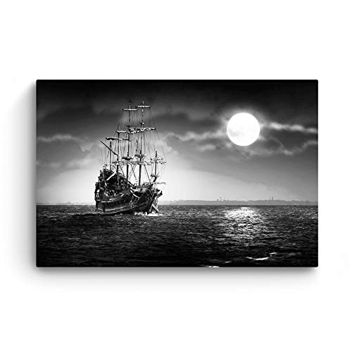 Startonight Cuadro Moderno en Lienzo - Océano Blanco y Negro, Barco y la Luna - Pintura Paisaje para Salon Decoración Grande 80 x 120 cm