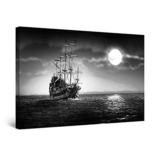 Startonight Cuadro Moderno en Lienzo - Océano Blanco y Negro, Barco y la Luna - Pintura Paisaje para Salon Decoración Grande 80 x 120 cm