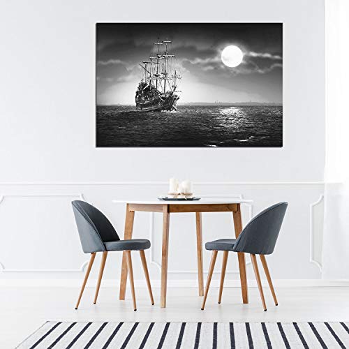 Startonight Cuadro Moderno en Lienzo - Océano Blanco y Negro, Barco y la Luna - Pintura Paisaje para Salon Decoración Grande 80 x 120 cm