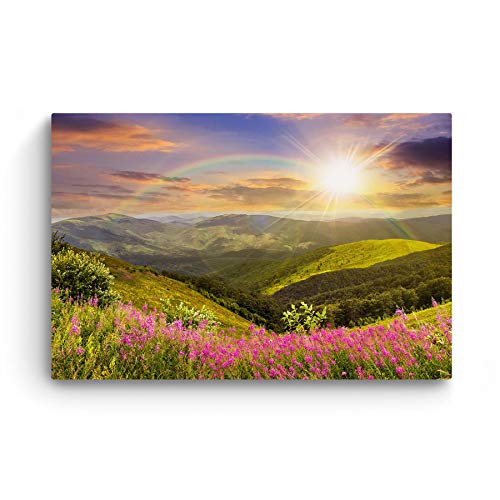 Startonight Cuadro Moderno en Lienzo Sol y Arco Iris de Ensueño, Paisaje Flores y Montaña para Salon Decoración 60 x 90 cm
