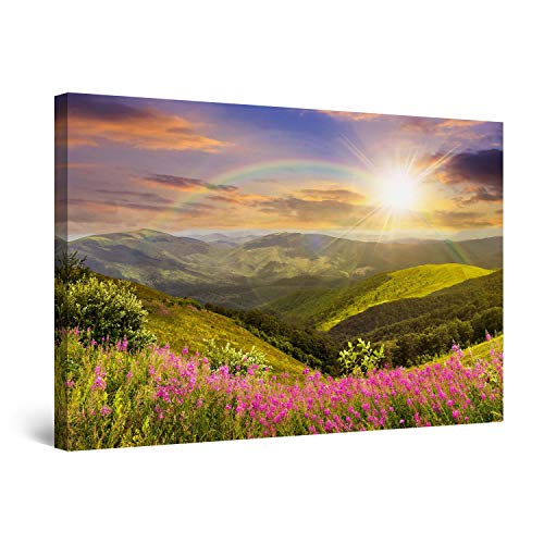 Startonight Cuadro Moderno en Lienzo Sol y Arco Iris de Ensueño, Paisaje Flores y Montaña para Salon Decoración 60 x 90 cm
