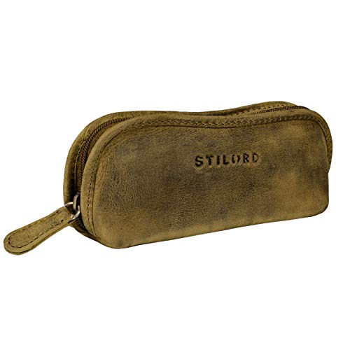 STILORD 'Glasgow' Estuche de Gafas Cuero Funda de Gafas del Sol Bolsa Vintage con Cremallera para Almanecer y Proteger Las Gafas Llaves y Lápices, Color:marrón - Medio
