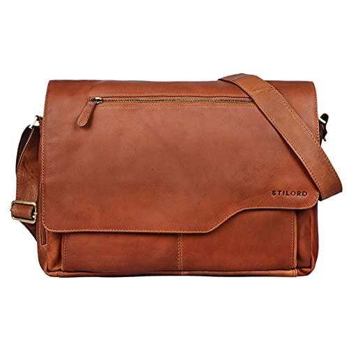 STILORD 'Marvin' Bolso Bandolera de Piel para Hombre y Mujer Bolsa de Mensajero para portátil de 15,6' Maletín Unisex de auténtico Cuero Vintage, Color:Cognac-marrón