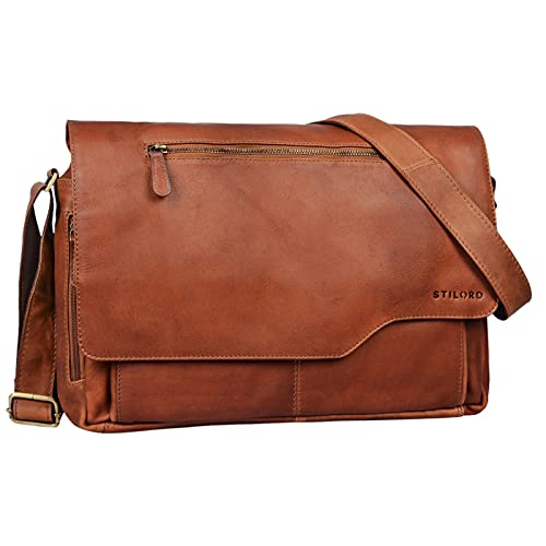 STILORD 'Marvin' Bolso Bandolera de Piel para Hombre y Mujer Bolsa de Mensajero para portátil de 15,6' Maletín Unisex de auténtico Cuero Vintage, Color:Cognac-marrón