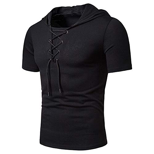 Streetwear Hombre Manga Corta con Cordones Color Sólido Básico Hombre Shirt Deportiva Verano Hombre Sudadera con Capucha Ajustada Transpirable Tendencia De Moda Hombre T-Shirt B-Black L