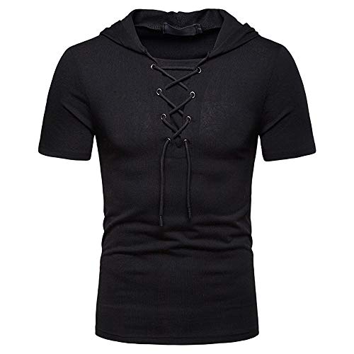Streetwear Hombre Manga Corta con Cordones Color Sólido Básico Hombre Shirt Deportiva Verano Hombre Sudadera con Capucha Ajustada Transpirable Tendencia De Moda Hombre T-Shirt B-Black L