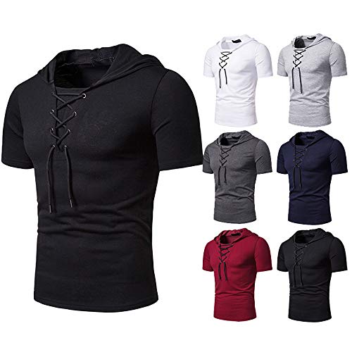 Streetwear Hombre Manga Corta con Cordones Color Sólido Básico Hombre Shirt Deportiva Verano Hombre Sudadera con Capucha Ajustada Transpirable Tendencia De Moda Hombre T-Shirt B-Black L