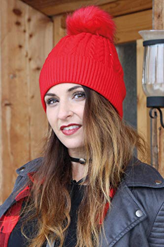 styleBREAKER cálido Gorro de Punto Fino con pompón con Motivo Trenzado, Gorro con pompón de Pelo Artificial, Gorro de Punto Relleno de Invierno, Unisex 04024100, Color:Rojo