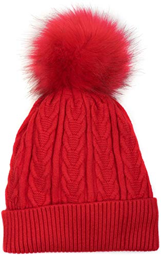 styleBREAKER cálido Gorro de Punto Fino con pompón con Motivo Trenzado, Gorro con pompón de Pelo Artificial, Gorro de Punto Relleno de Invierno, Unisex 04024100, Color:Rojo