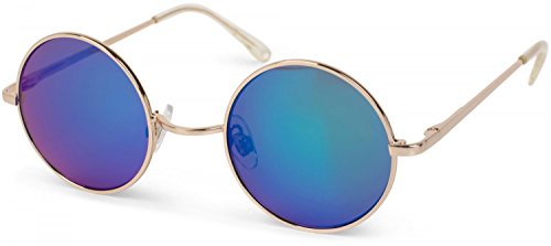 styleBREAKER Gafas de sol redondas marco metálico estrecho, diseño retro, patillas con bisagra de resorte, unisex 09020065, color:Marco dorado / vidrio verde-azul