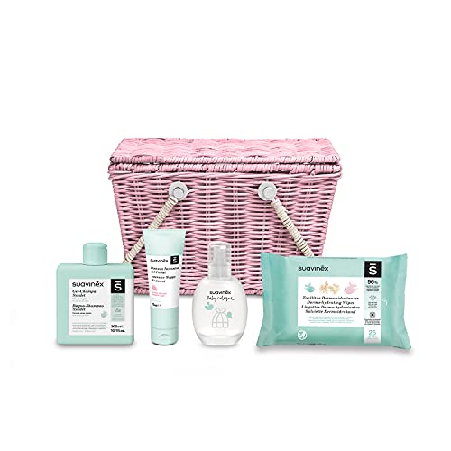 SUAVINEX Canastilla Cosmética De Bebé Con Cesta De Mimbre. Incluye: Baby Cologne 100ml, Gel Champú Syndet 300ml, Pomada Intensiva Pañal 75ml, Toallitas Dermohidratantes 25 Uds. color Rosa