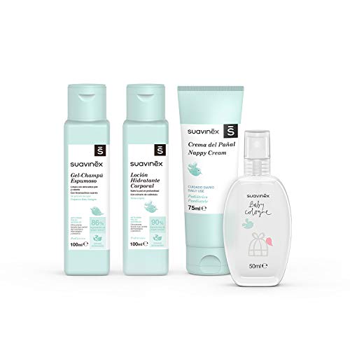 SUAVINEX Neceser Tela de Viaje para Bebés con Baby Cologne, Loción Hidratante, Crema Pañal y Gel-Champú Espumoso. Formato Viaje, 4 Productos, Azul (401301)