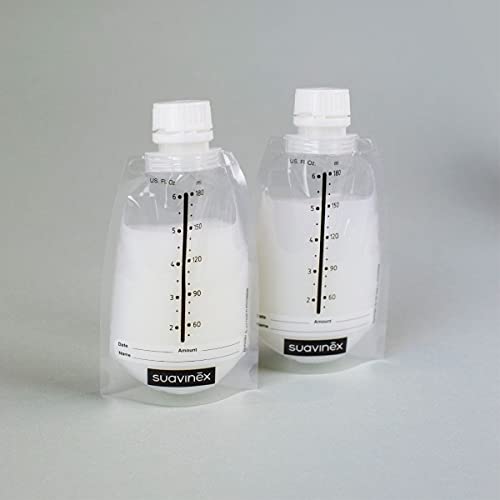 Suavinex - Pack 20 Bolsas Almacenamiento leche materna. Pre-Esterilizadas. Almacenar en frigorífico, Congelador o Alimentar al bebé. con Área de Etiquetado. sin BPA. tapón Hermético de Rosca, 180ml