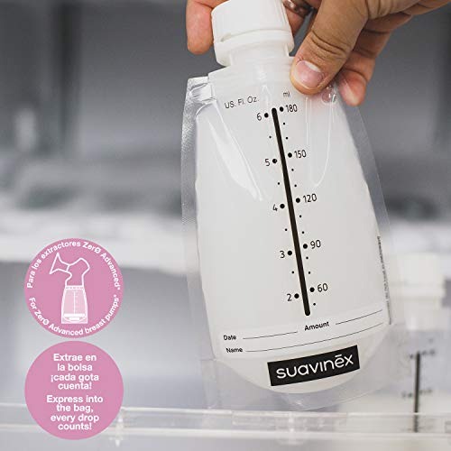 Suavinex - Pack 20 Bolsas Almacenamiento leche materna. Pre-Esterilizadas. Almacenar en frigorífico, Congelador o Alimentar al bebé. con Área de Etiquetado. sin BPA. tapón Hermético de Rosca, 180ml