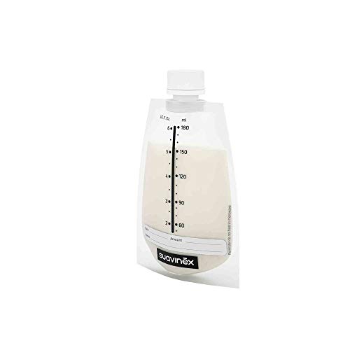 Suavinex - Pack 20 Bolsas Almacenamiento leche materna. Pre-Esterilizadas. Almacenar en frigorífico, Congelador o Alimentar al bebé. con Área de Etiquetado. sin BPA. tapón Hermético de Rosca, 180ml