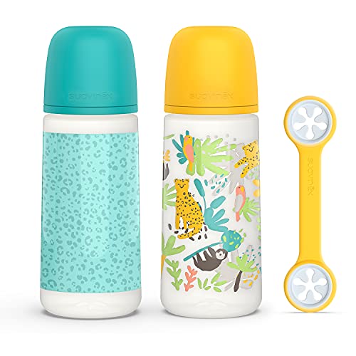 SUAVINEX, Set de 2 Biberones Anticólico SX Pro de 360ml + Sujeta baberos. Biberones Bebés +6 meses. Con tetina Fisiológica SX Pro Flujo Denso. Color Amarillo y Verde, 3 productos