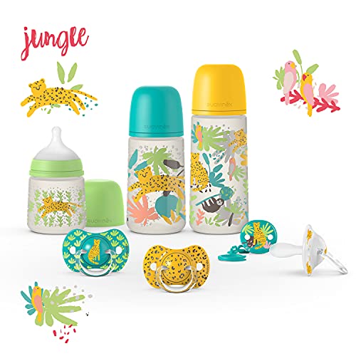 SUAVINEX, Set de 2 Biberones Anticólico SX Pro de 360ml + Sujeta baberos. Biberones Bebés +6 meses. Con tetina Fisiológica SX Pro Flujo Denso. Color Amarillo y Verde, 3 productos