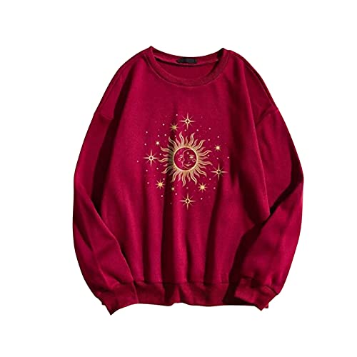 Sudadera de manga larga con cuello redondo y estampado de luna, rosso, S