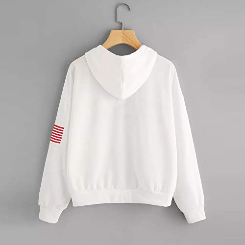 Sudaderas Adolescentes Chicas, Fossen Sudaderas Mujer Tumblr con Capucha - Emoticon Estampado Camiseta Blusa Tops de Manga Larga (Blanco~USA Patrón de Bandera, L)
