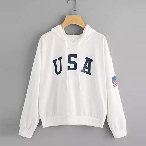 Sudaderas Adolescentes Chicas, Fossen Sudaderas Mujer Tumblr con Capucha - Emoticon Estampado Camiseta Blusa Tops de Manga Larga (Blanco~USA Patrón de Bandera, L)