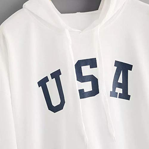 Sudaderas Adolescentes Chicas, Fossen Sudaderas Mujer Tumblr con Capucha - Emoticon Estampado Camiseta Blusa Tops de Manga Larga (Blanco~USA Patrón de Bandera, L)