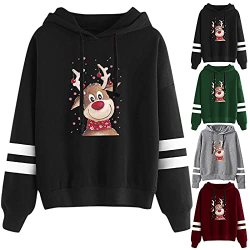Sudaderas Navideñas Pareja Novedad Reno Estampado de Navidad Para Jersey Navidenos Mujer Pullover Navideñas Señora Dama Chica Regalos Baratos Navidad Hoody de Manga Larga Sweaters con Rayas, Gris