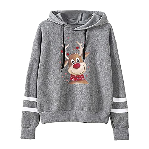 Sudaderas Navideñas Pareja Novedad Reno Estampado de Navidad Para Jersey Navidenos Mujer Pullover Navideñas Señora Dama Chica Regalos Baratos Navidad Hoody de Manga Larga Sweaters con Rayas, Gris