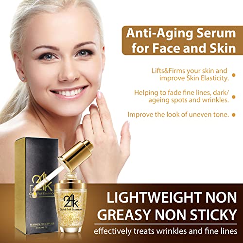 Suero Facial, Esencia Facial de oro de 24K con ácido Hialurónico para el Cuidado de la piel, Suero Antienvejecimiento para Arrugas, Suero Hidratante de Esencia de piel Reafirmante para Mujeres - 30 ml