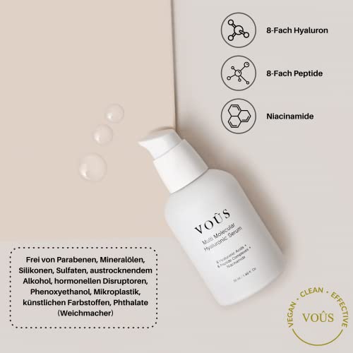 Suero puro de ácido hialurónico en dosis altas de 8 veces | 50 ml | + Niacinamida + péptidos de 8 veces | Anti-envejecimiento | humectante vegano, limpio y natural de VOÛS skincare