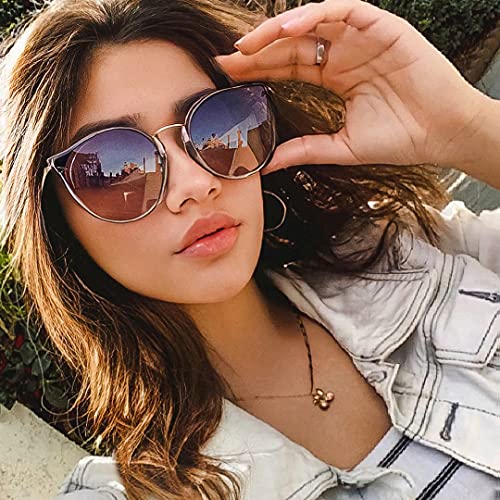 SUNGAIT Mujeres Ojo de Gato Polarizadas Vintage de Gran Tamaño UV-Protección Gafas de Sol(Lente de Marco Gris Transparente/Degradado Púrpura)