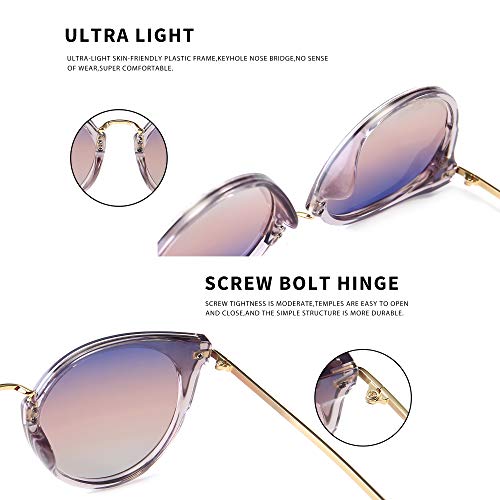 SUNGAIT Mujeres Ojo de Gato Polarizadas Vintage de Gran Tamaño UV-Protección Gafas de Sol(Lente de Marco Gris Transparente/Degradado Púrpura)