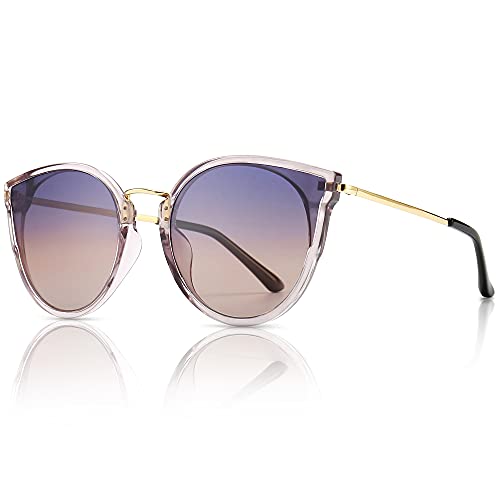 SUNGAIT Mujeres Ojo de Gato Polarizadas Vintage de Gran Tamaño UV-Protección Gafas de Sol(Lente de Marco Gris Transparente/Degradado Púrpura)