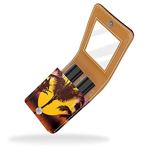 Sunset Coconut Tree Silhouette - Estuche para pintalabios, diseño de palmera de playa con espejo para mujer