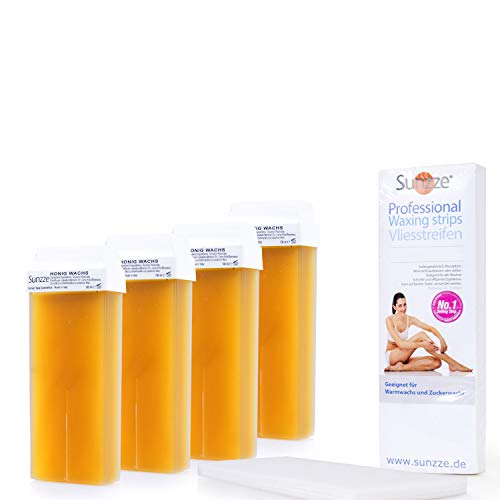 Sunzze Juego de cartuchos de cera para depilación profesional, 4 unidades de 100 ml, incluye 50 tiras de fieltro