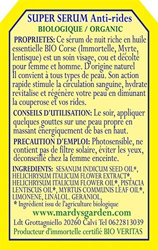Super Serum Facial ANTIARRUGAS 15ml. 100% Natural. Suero orgánico Rostro y Cuello para Mujeres y Hombres. Rico en aceites esenciales ORGÁNICO de Helichriso Italiano (Helichrysum Italicum)