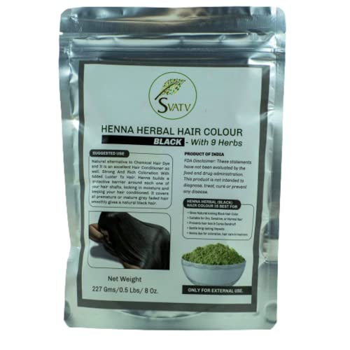 SVATV Henna Color de cabello NEGRO con 9 Hierbas II Cabello Mehndi, Color de cabello natural II 227g, 0.5 lb, 08 oz