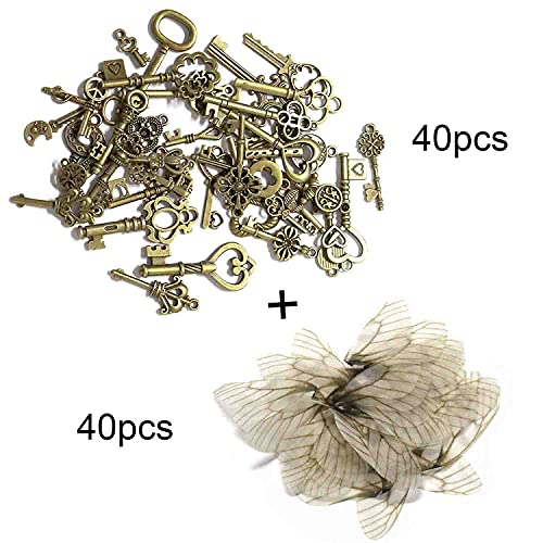 Sweieoni 40 piezas Llaves Voladoras DIY Llaves Antiguas Colgantes Llave de Esqueleto Vintage de Bronce con Colgantes de alas de libélula para Llaves Voladoras