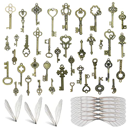 Sweieoni 40 piezas Llaves Voladoras DIY Llaves Antiguas Colgantes Llave de Esqueleto Vintage de Bronce con Colgantes de alas de libélula para Llaves Voladoras