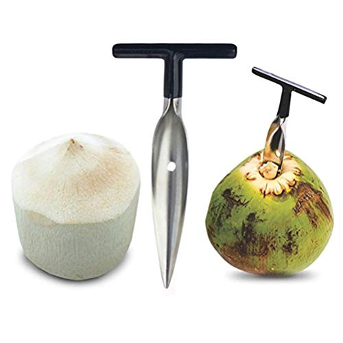 SyeRum Cuchilla de coco, abridor de coco, de acero inoxidable con mango de madera resistente para herramientas abiertas de agua de coco verde fresca.