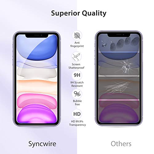 Syncwire [3 Piezas] Protector Pantalla Compatible con iPhone 11 / XR, Cristal Templado para iPhone 11 / XR, Soporta 3D Touch, Dureza 9H, 6X más Fuerte, Marco para la Instalación, Sin Burbujas