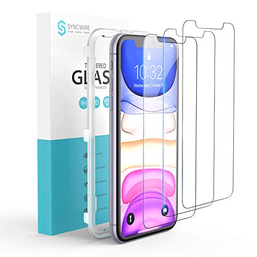 Syncwire [3 Piezas] Protector Pantalla Compatible con iPhone 11 / XR, Cristal Templado para iPhone 11 / XR, Soporta 3D Touch, Dureza 9H, 6X más Fuerte, Marco para la Instalación, Sin Burbujas