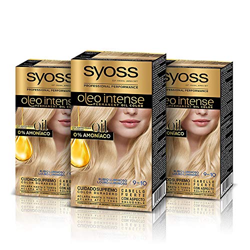 Syoss Oleo Intense - Tinte 9-10 Rubio Luminoso – Coloración permanente Sin Amoníaco – Cobertura profesional de canas – Resultados de peluquería (Pack De 3)