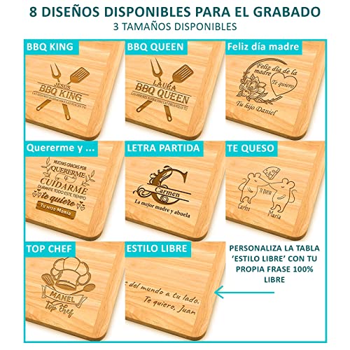 Tabla de cortar PERSONALIZADA con el Nombre Que tú Quieras, Hecho de madera 100% Natural tabla de corte cocina regalos personalizados Día de la Madre, Día del padre (TE QUESO, MEDIANA)